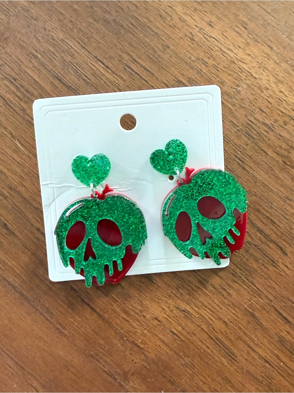 Snow White Poison Apple Glitter Skull Dangle Earrings Green Red
